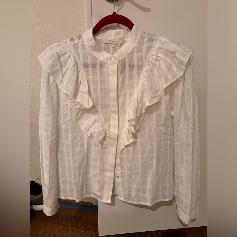 Olivaceous Laney white plaid ruffle blouse L NWT